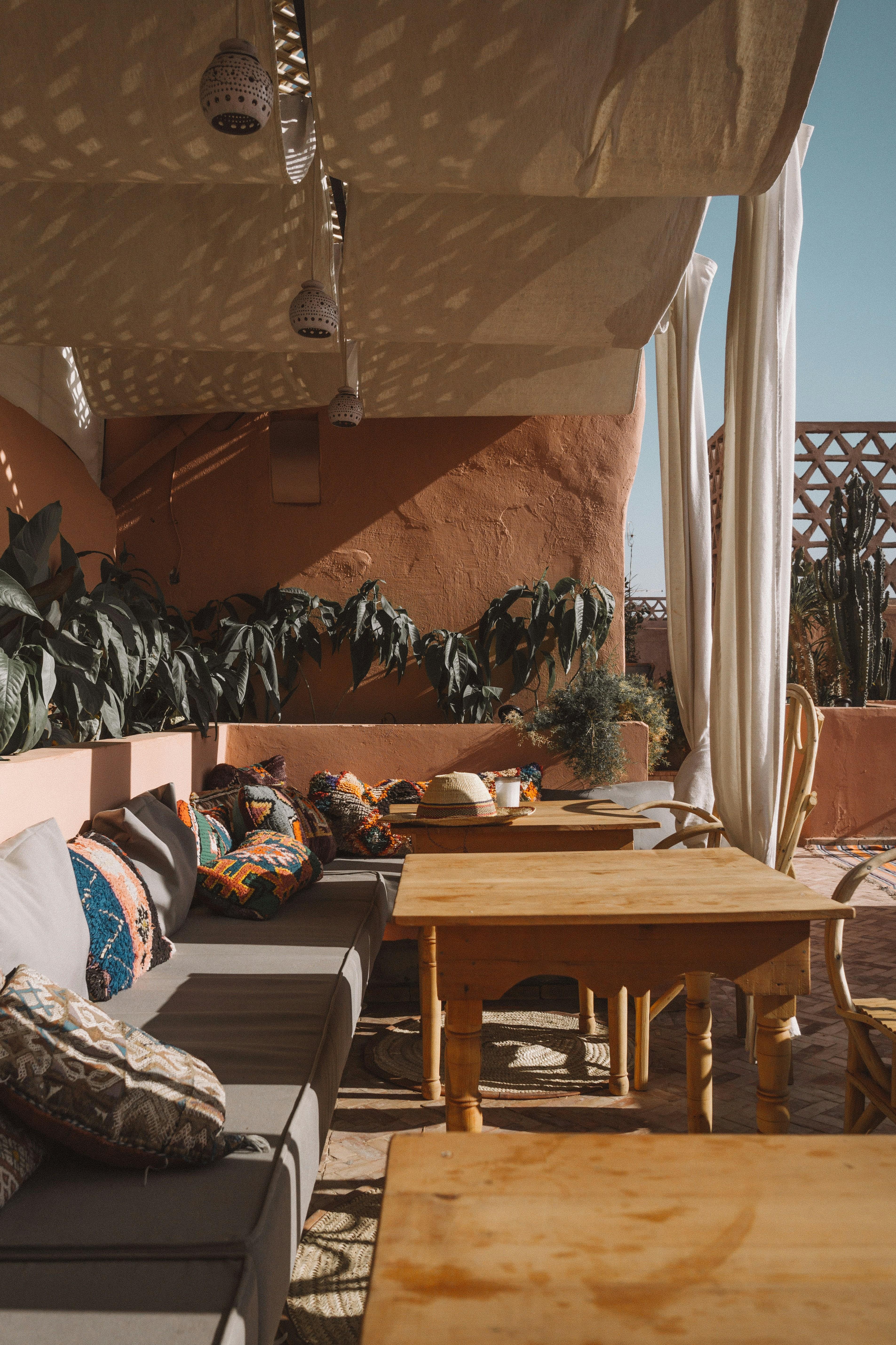 Roof terrace at dusk over Marrakech