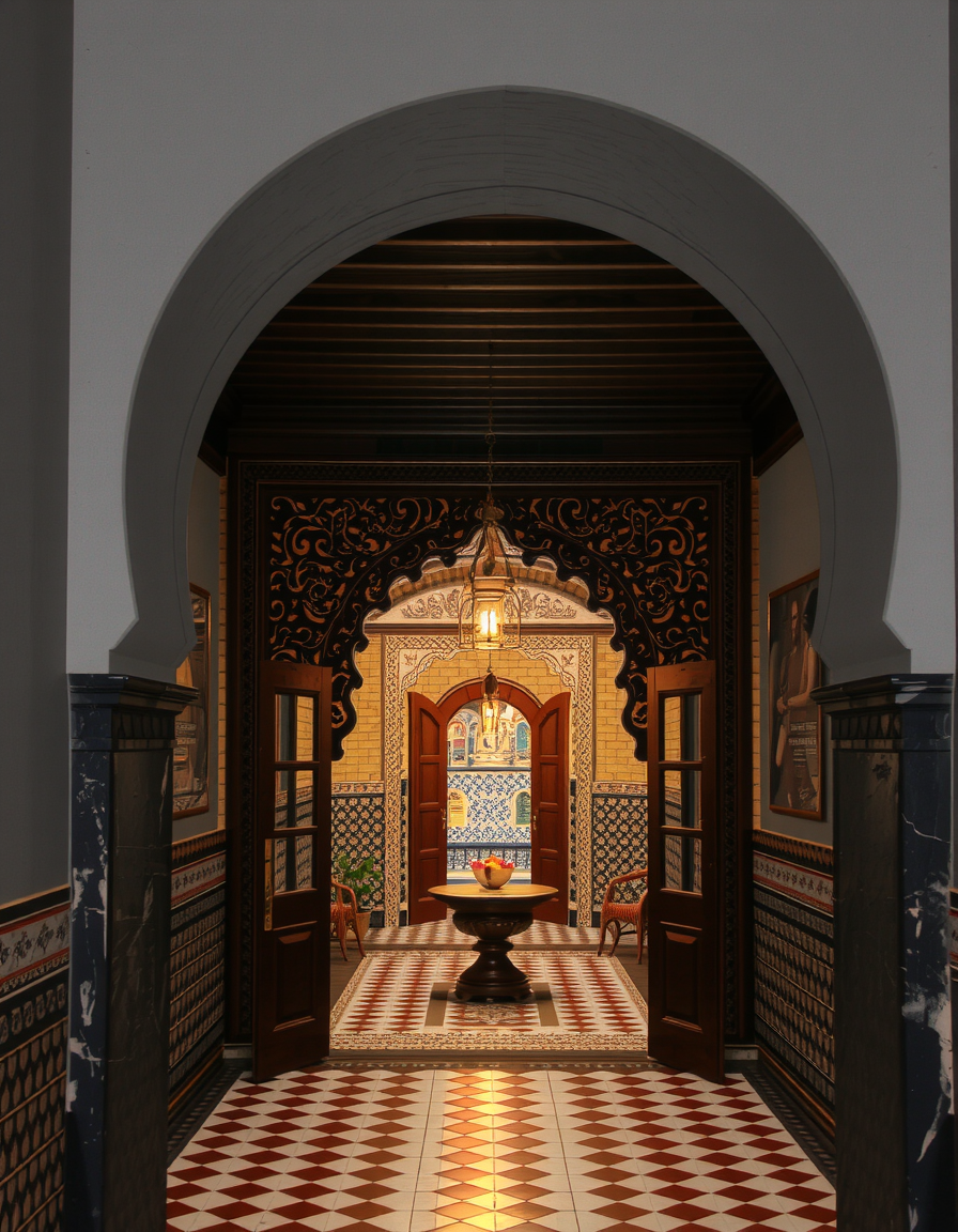 Interior salon with cedar ceiling and lantern light